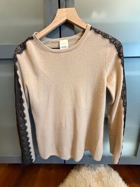 Beige Cashmere Sweater with Black Lace Sleeve Detail